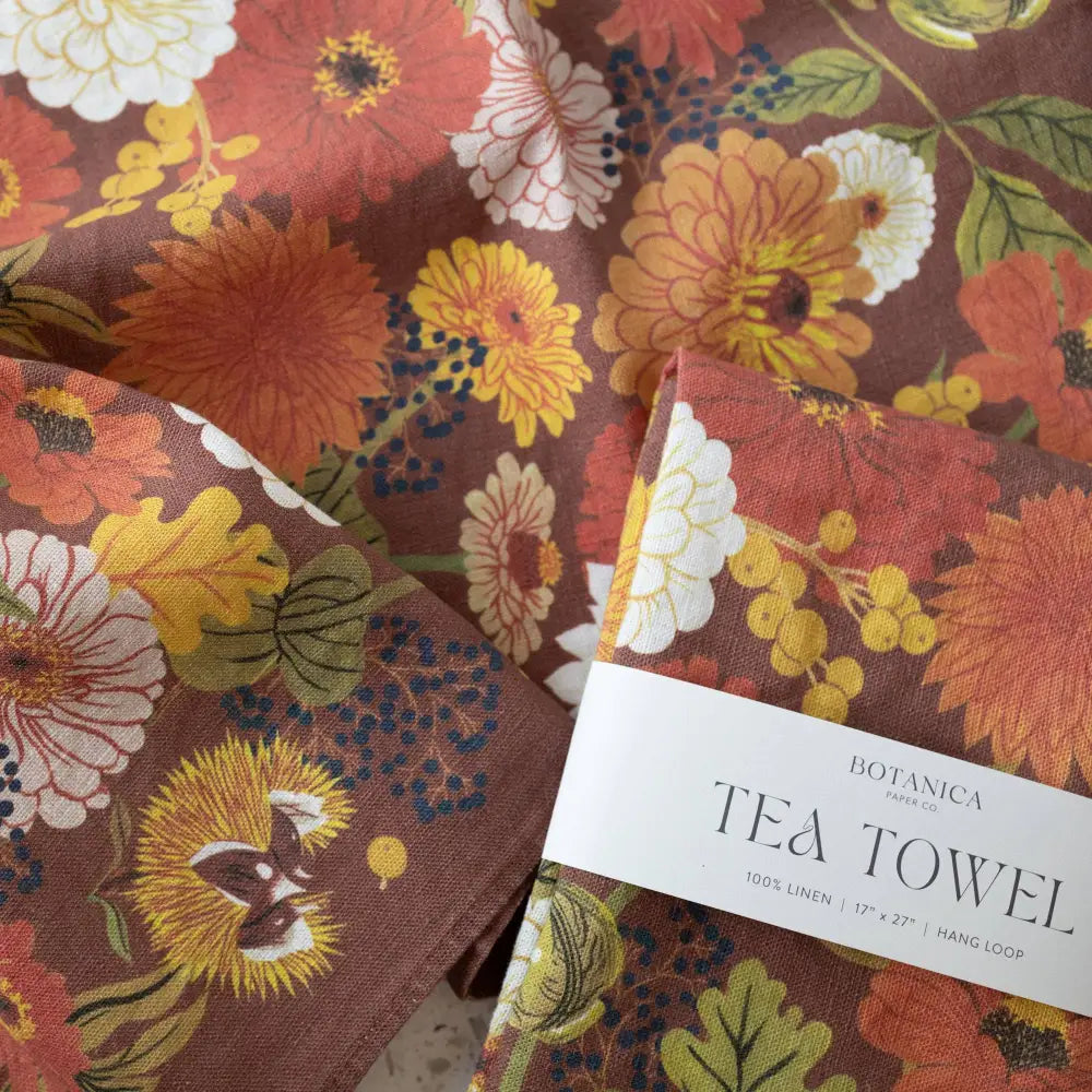 Vibrant autumnal floral Botanica 100% linen tea towel
