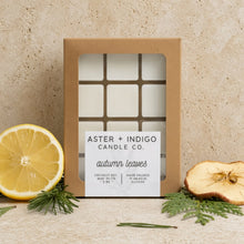 Aster + indigo coconut-soy wax blend autumn leaves wax melts in warm orange tones for cozy autumn nights with crisp cedar notes