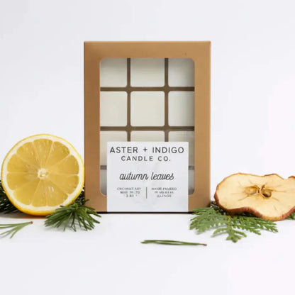 Aster plus indigo candle co autumn leaves coconut-soy wax melts with spiced apples scent in warm fall colors