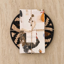 Thanksgiving tea towel set with rustic pumpkins chickens mushrooms on cream cotton fabric with african zulu trivet
