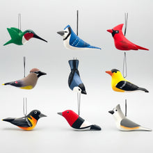 Colorful backyard bird balsa wood ornaments painted with non-toxic acrylic paints for hanging