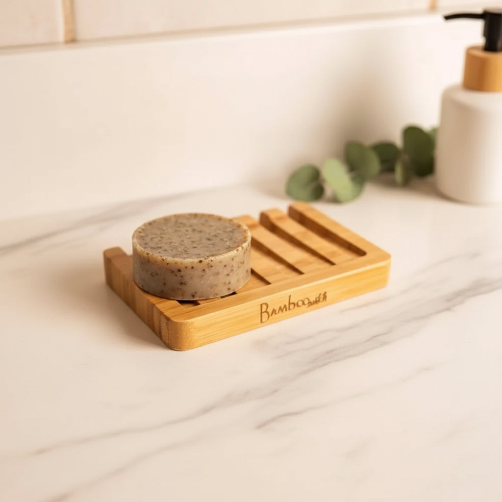 Natural bamboo soap lift with light golden hue and engraved bambooswift branding for easy soap drainage