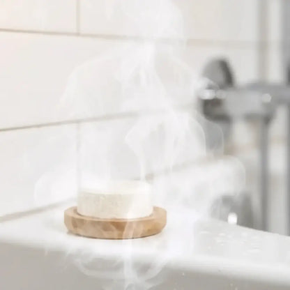 A white textured bath bomb on a round wooden soap lift perfect for a bamboo shower steamer or steamer circle lift