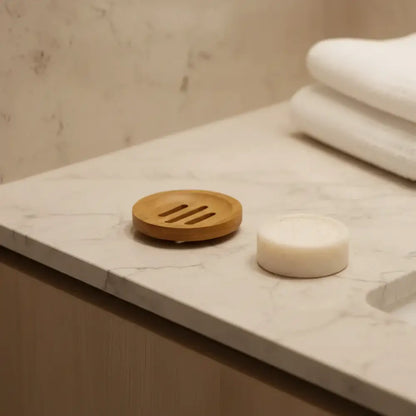 Round bamboo soap dish with three slotted cutouts perfect as a bamboo shower steamer soap lift or steamer circle lift