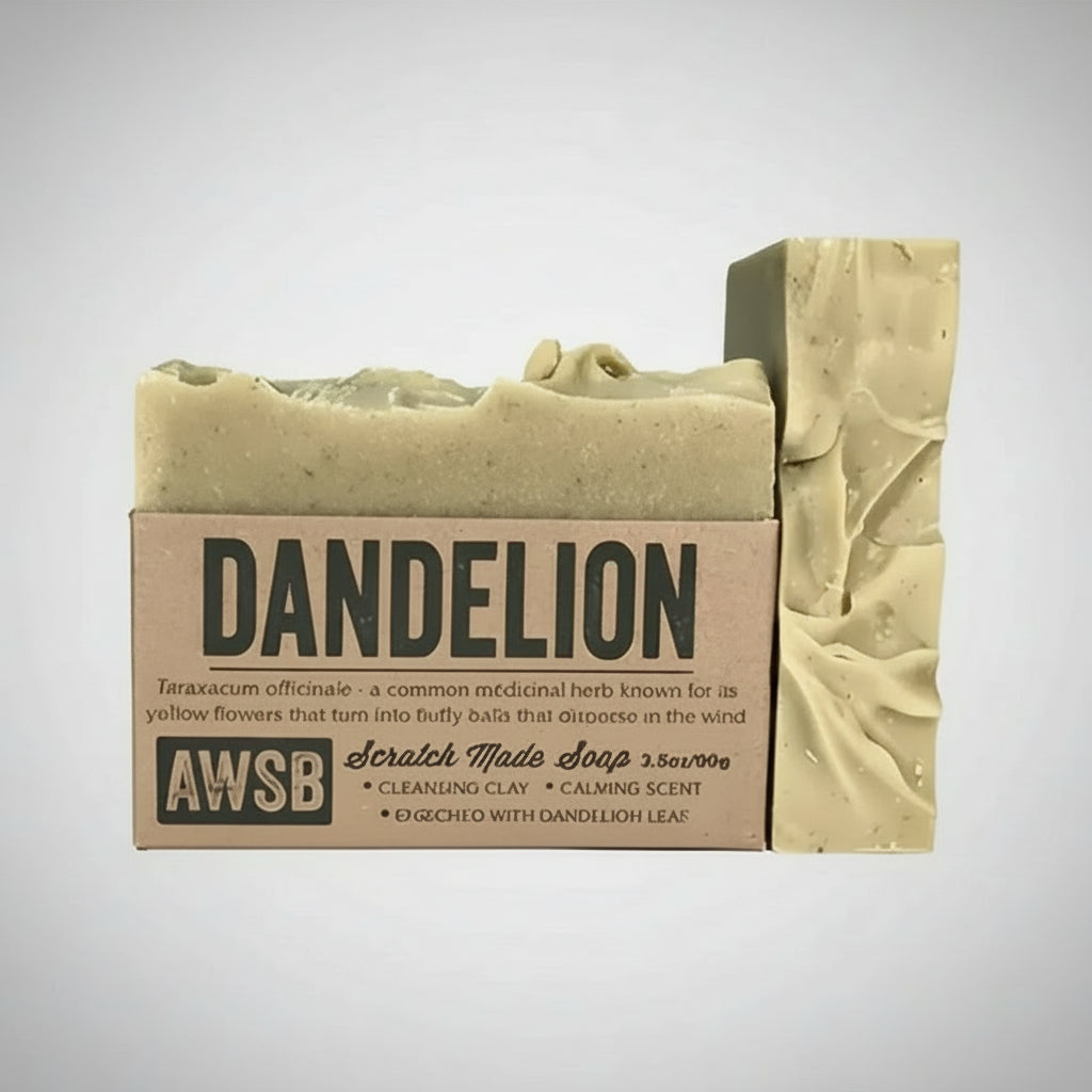 Rustic Dandelion Bar Soap with Awsb branding in earthy tones
