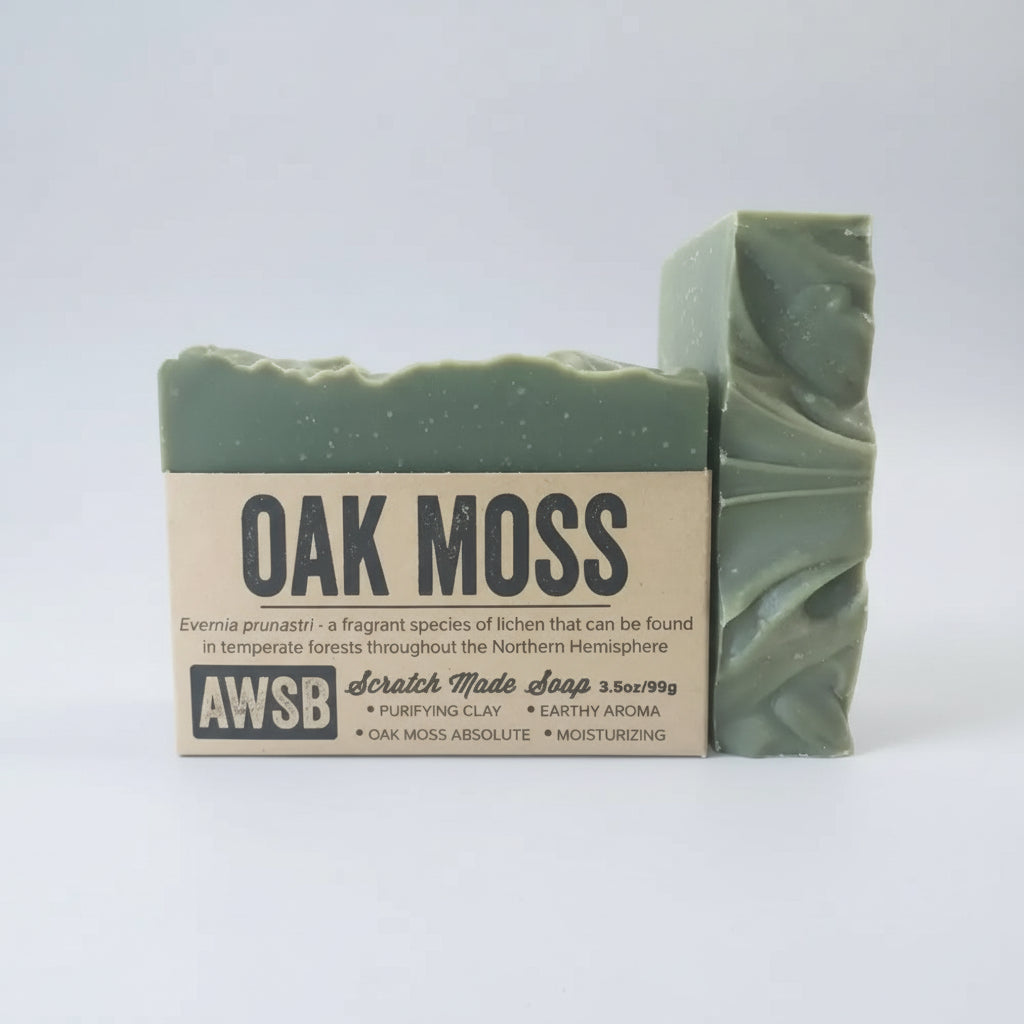 Earthy green Oak Moss soap bar with speckled texture