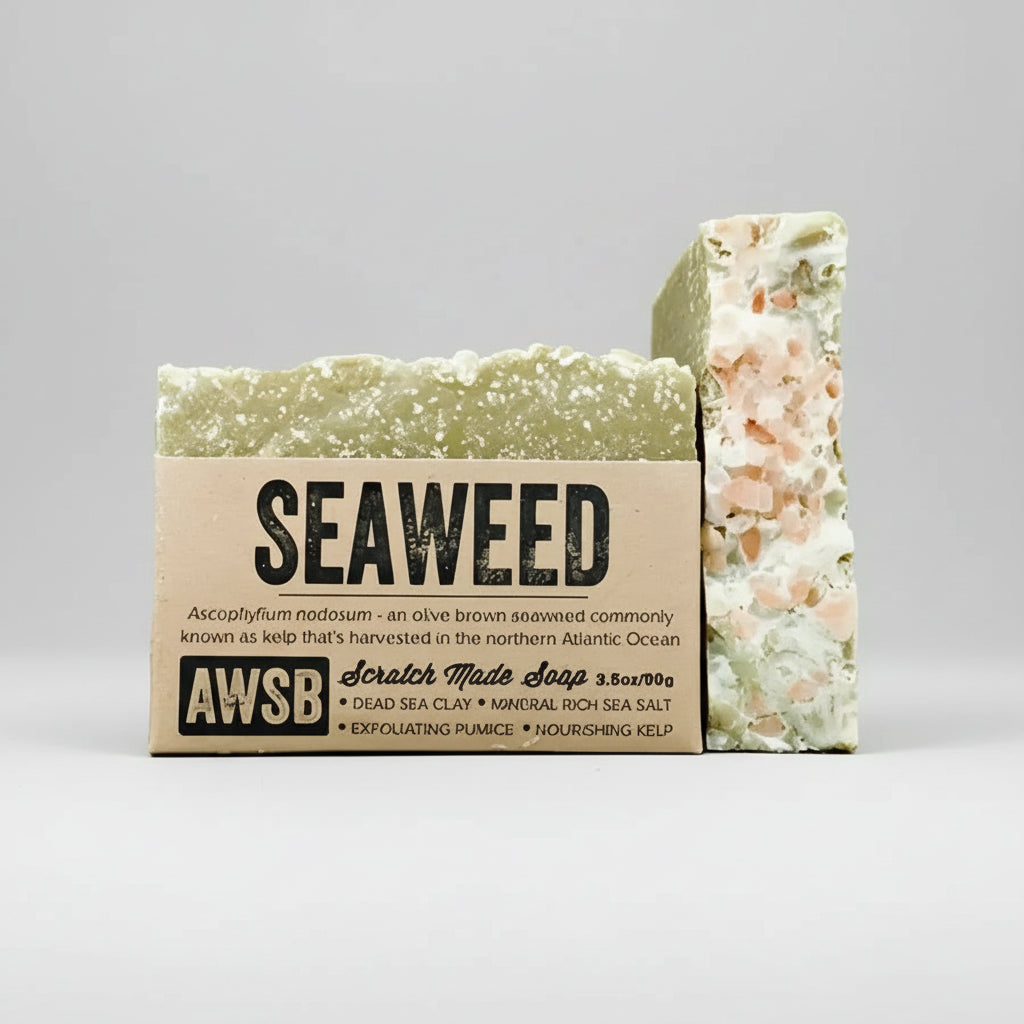 Seaweed soap bar with green pink speckles, dead sea clay, mineral sea salt