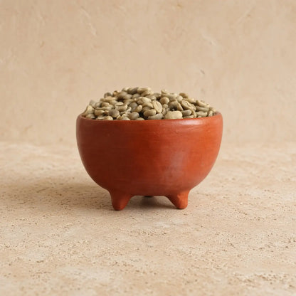 Barro rojo small tripod bowl handcrafted in barro rojo clay filled with green coffee beans showcasing rustic mexican artistry