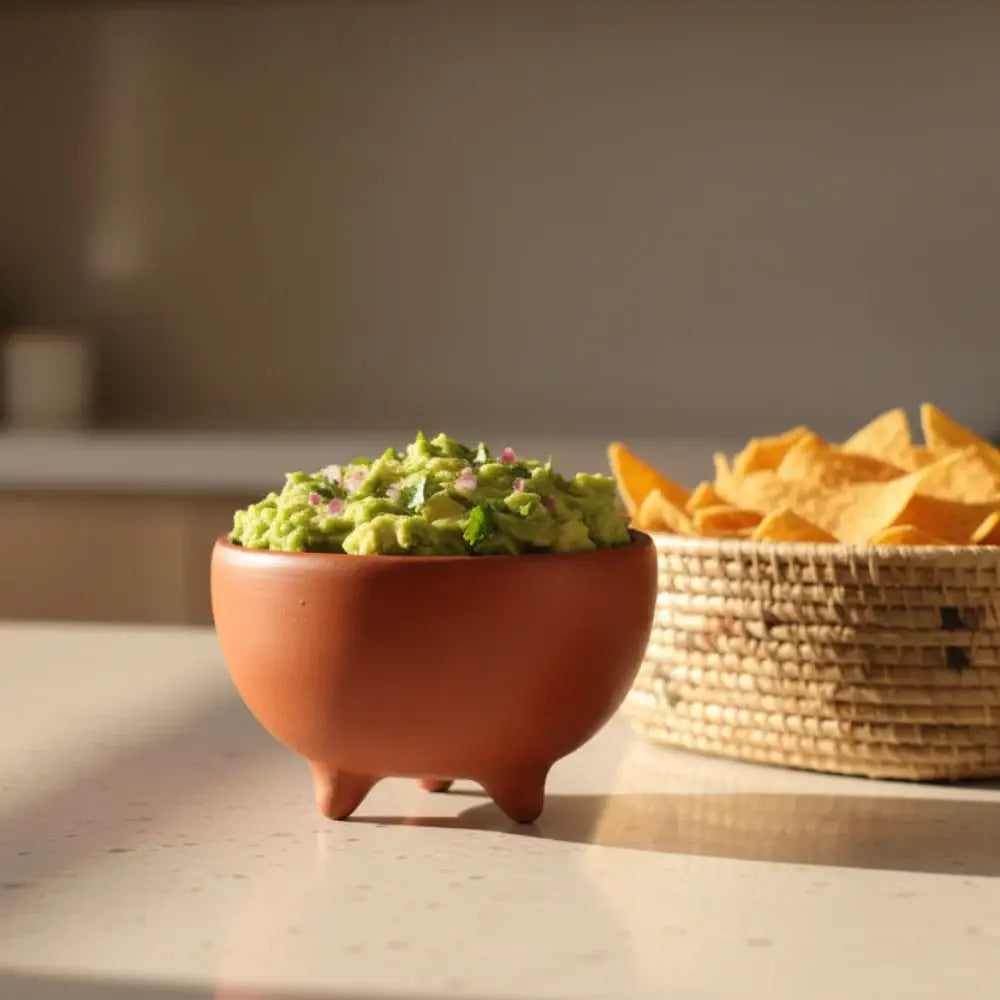 Barro rojo small tripod bowl filled with green guacamole garnished with red onion and cilantro in barro rojo clay