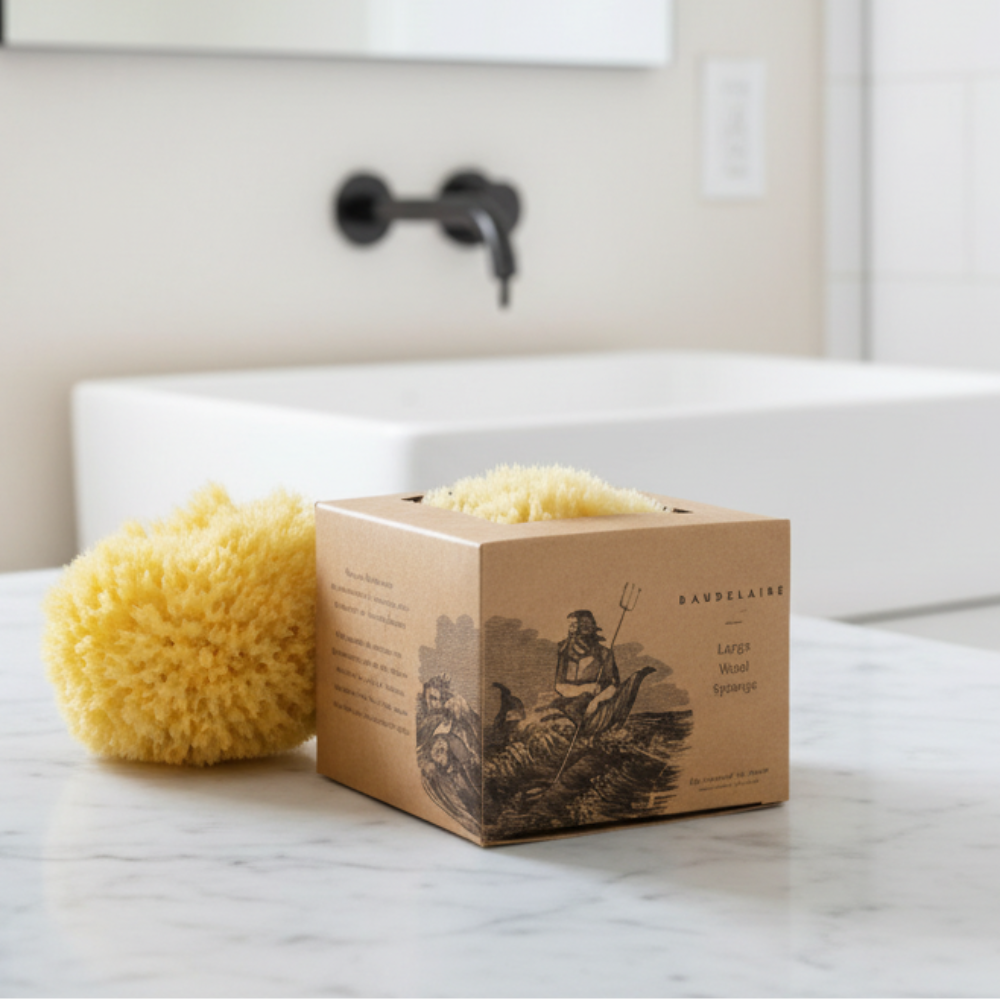 Beige baudelaire box with wool sea sponge, 4.5 inch bath gift