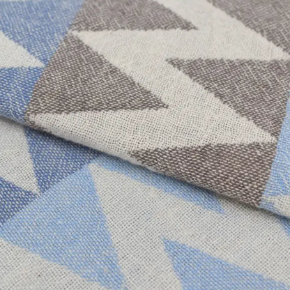 Textured organic turkish towel beach towel in soft blue gray and off white with geometric triangle pattern 36x78