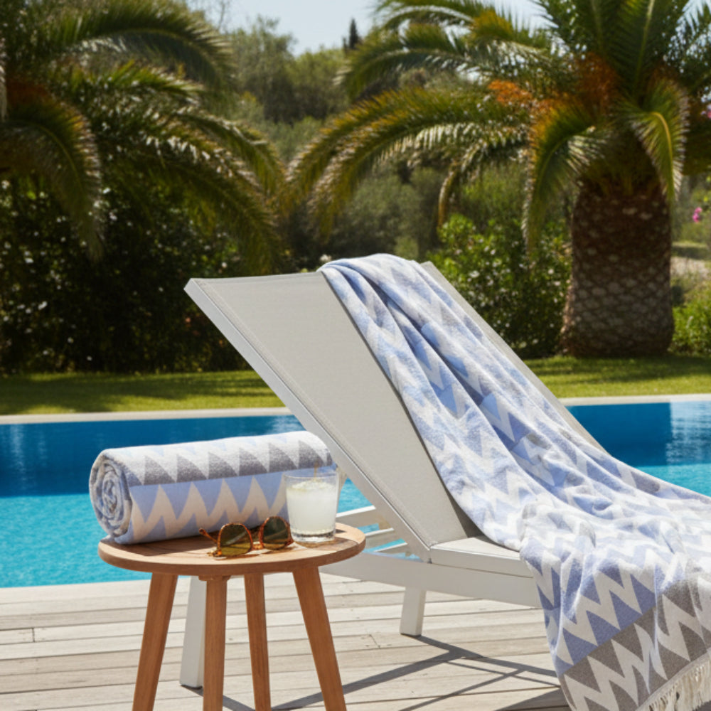 Light blue and gray zigzag patterned organic turkish towel with cream fringe perfect beach towel 36x78