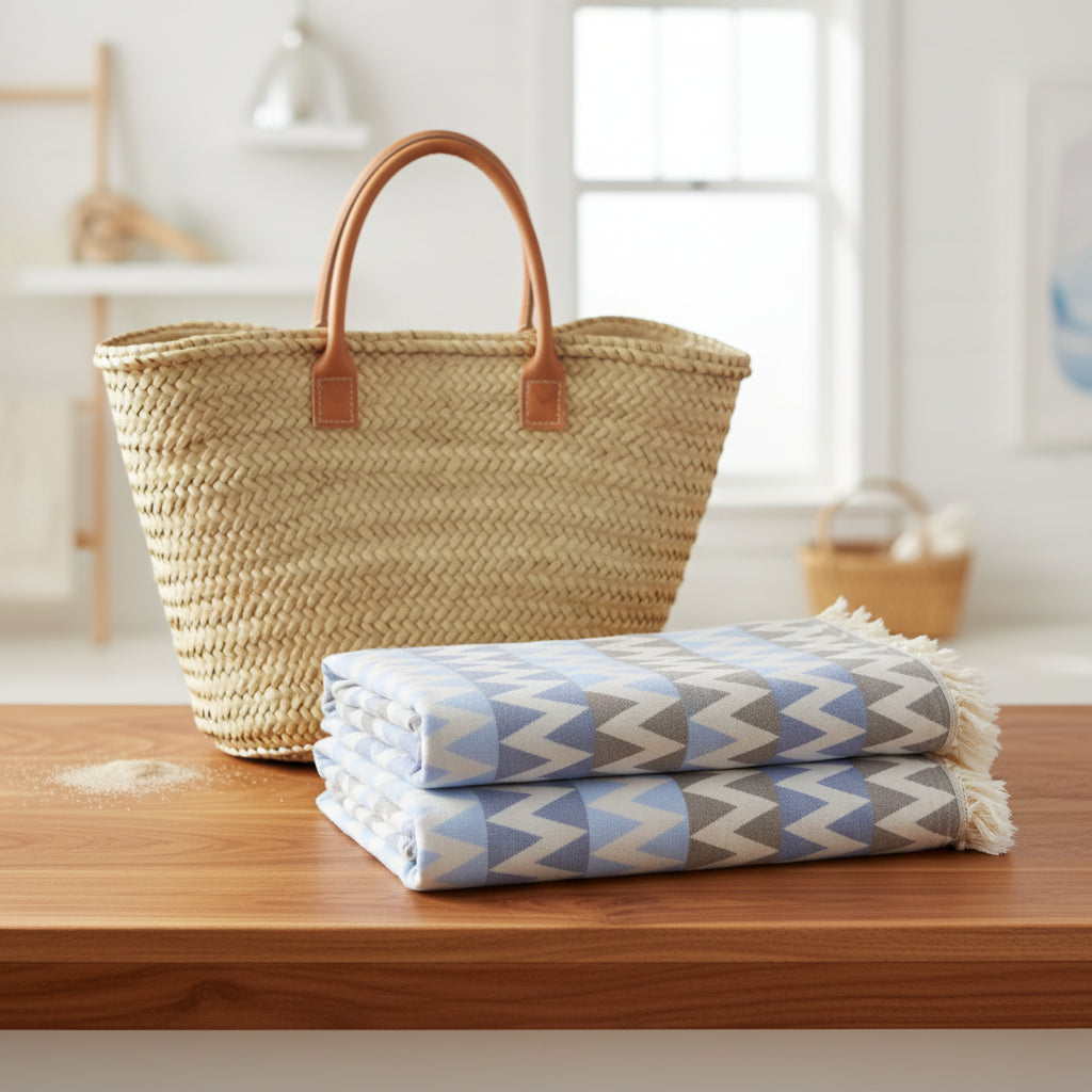 A soft organic turkish towel with light blue gray zigzag pattern and natural fringe perfect as a beach towel