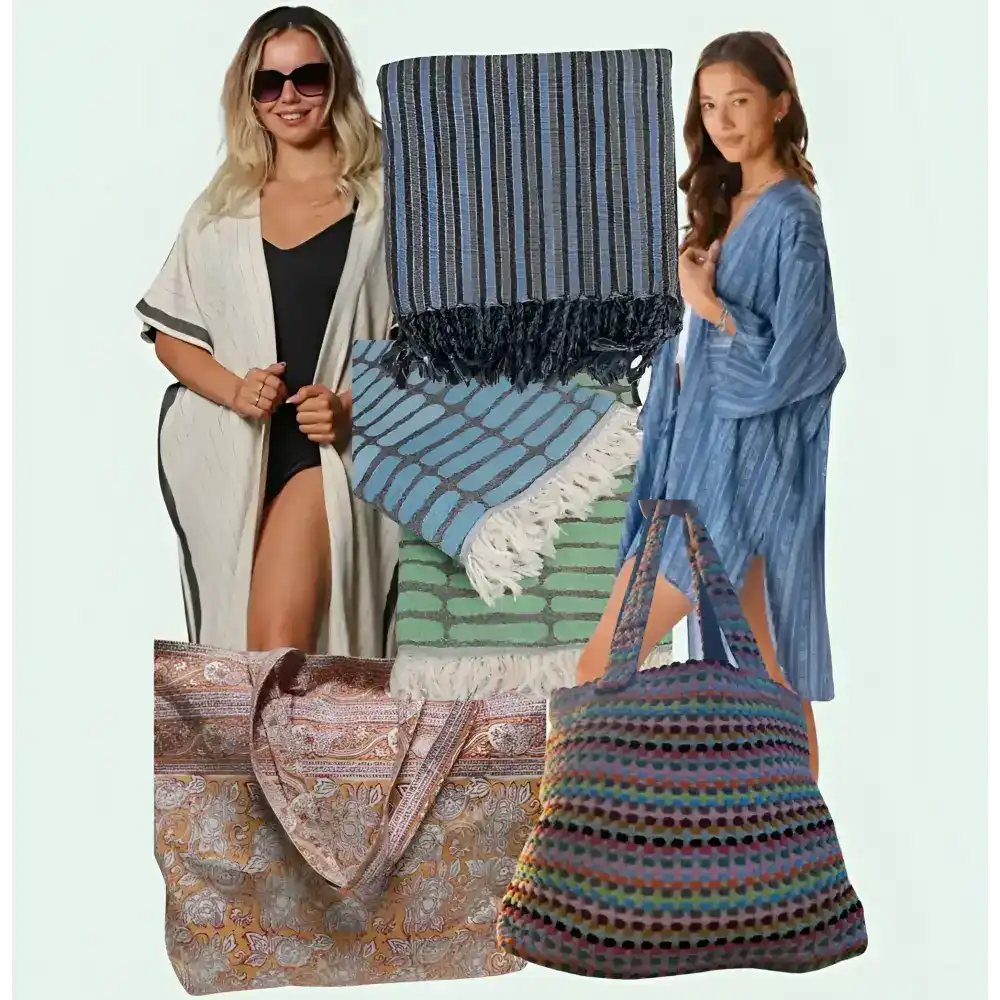 two females in beachwear, two tote bags and 2 sets of beach towels