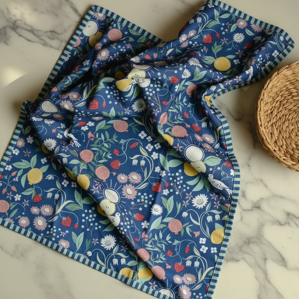 Blue Bear Fruit floral blanket with yellow birds and white flowers