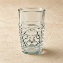 Clear recycled glass tumbler with ribbed texture and lively bee embossing perfect eco-friendly drinkware 11 oz