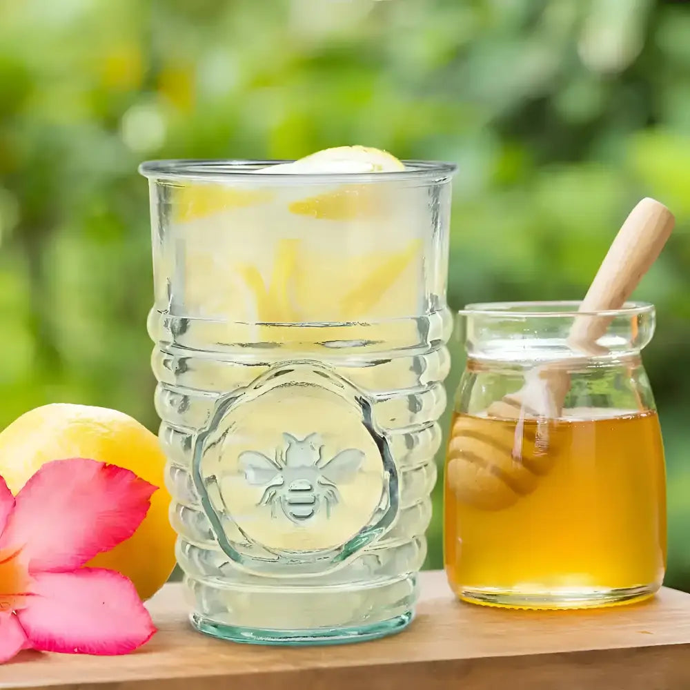 Clear ribbed glass tumbler with bee motif in Bee Nest Bundle