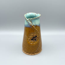 Handcrafted Bee Vase with brown speckled glaze and turquoise rim