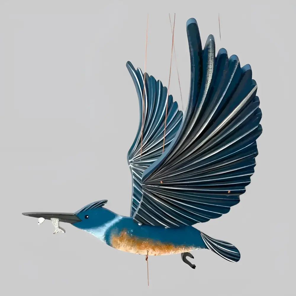 Blue and orange belted kingfisher flying bird mobile with detailed wooden wings and painted body ornament