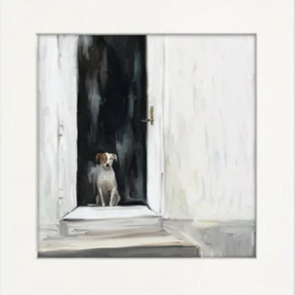 Handmade watercolor of white brown dog in doorway, Best Friend art