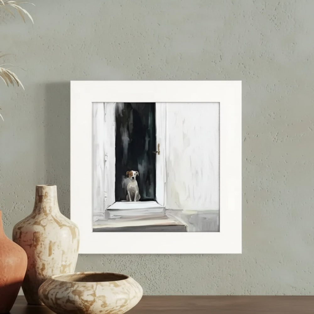 Handmade watercolor dog in open door, Best Friend - Waiting Happy Square