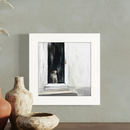 Handmade watercolor dog in open door, Best Friend - Waiting Happy Square