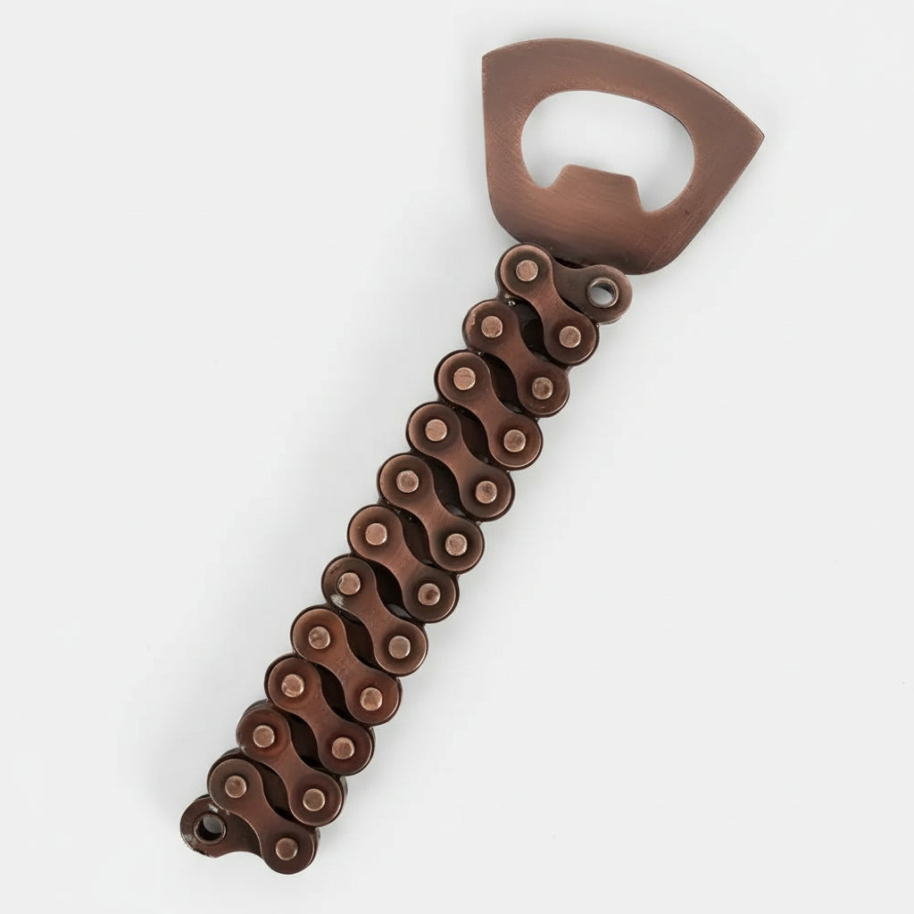 Brown bike chain bottle opener with curved metallic handle