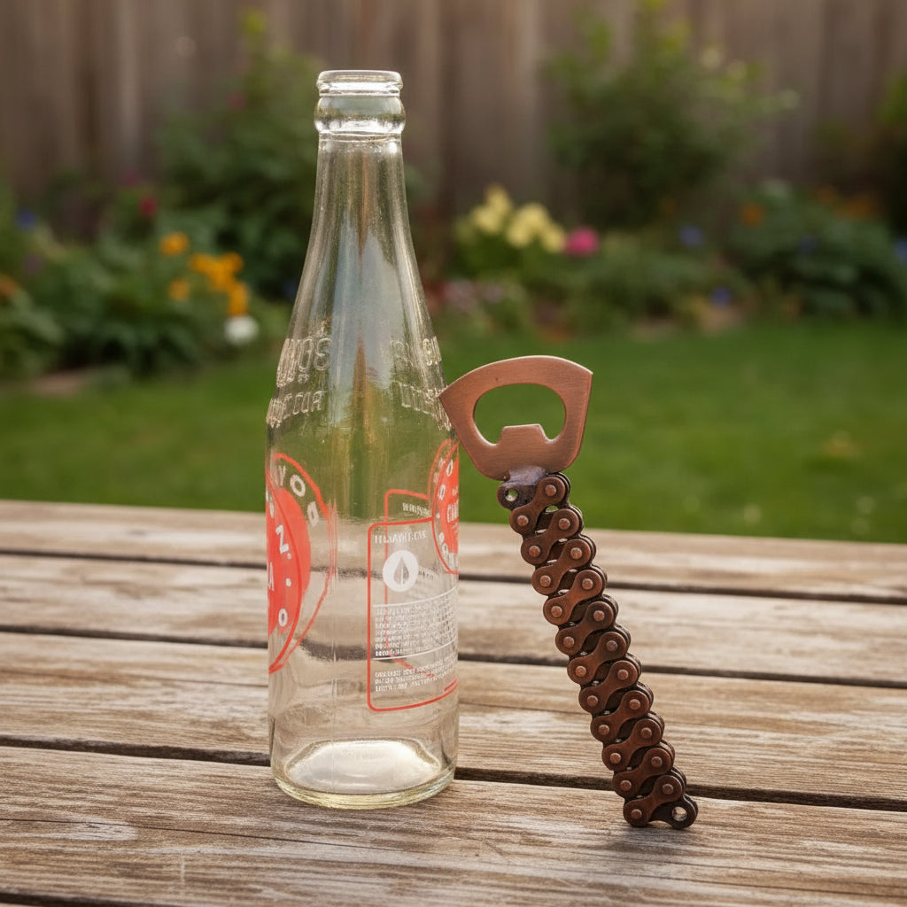 Rustic Bike Chain Bottle Opener with brown links and orange handle