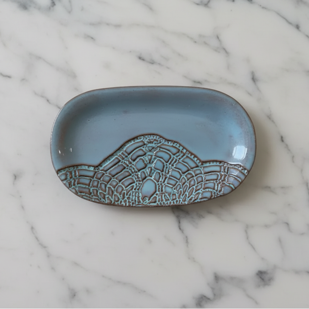 Matte gray Bird Bath Nest soap dish with lace pattern and Turkish towel set