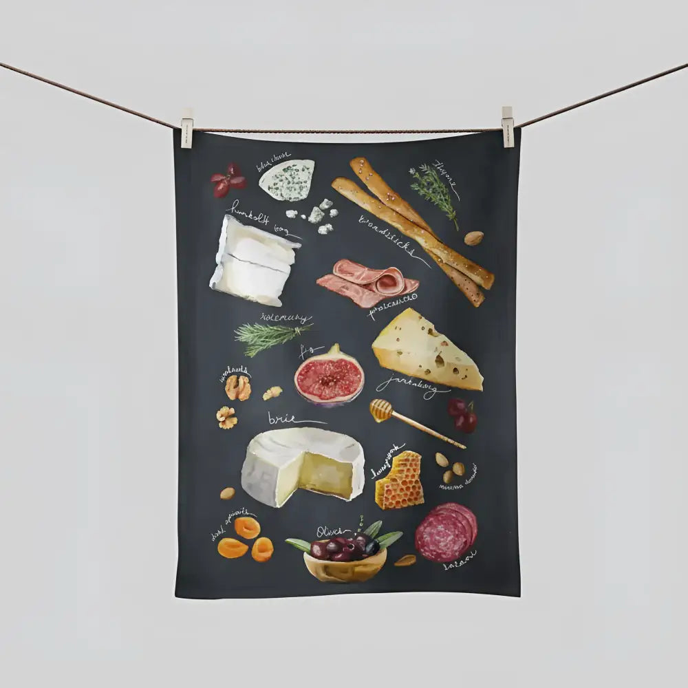 Black charcuterie tea towel with cheeses meats fruits in Bird Feeder Nest set