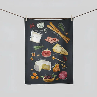 Black charcuterie tea towel with cheeses meats fruits in Bird Feeder Nest set