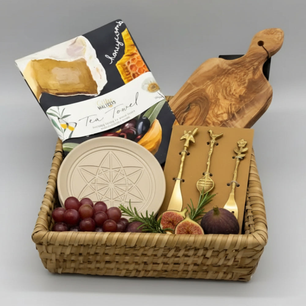 Bird Feeder Nest wicker basket with italian olivewood plates, cutting board & tea towel