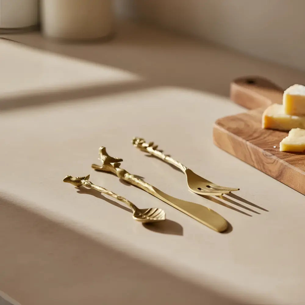 Gold utensils with leaf motifs in Bird Feeder Nest set with appetizer plates