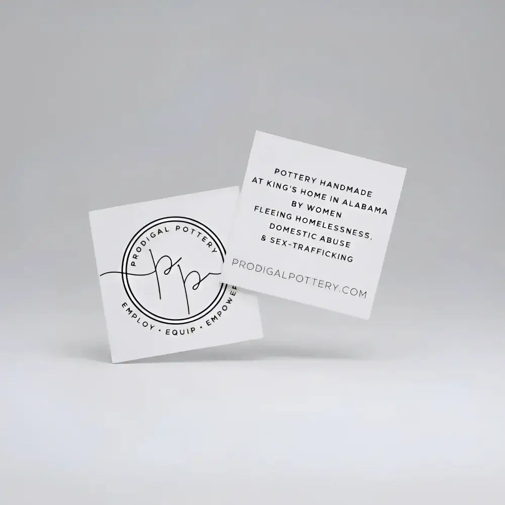 White square business cards with black minimalist typography and circular logo for prodigal pottery bird ornament perfect for bird lovers and precious bird ornaments enthusiasts