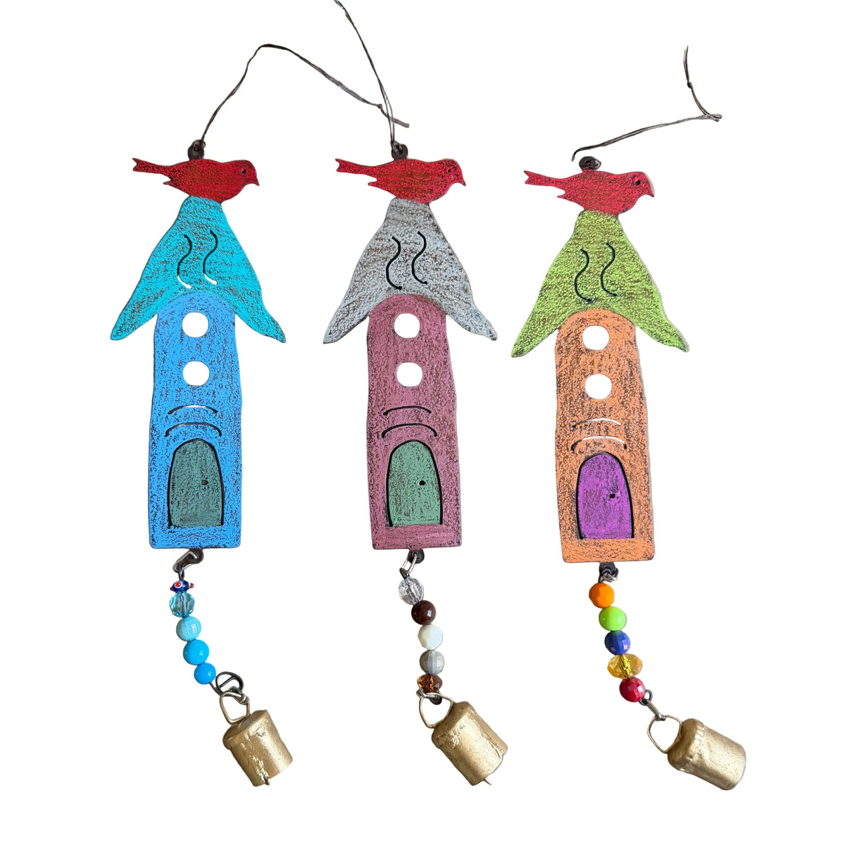 Three colorful wooden birdhouse and bird bell wind chimes with red birds and beads featuring one-of-a-kind metal art
