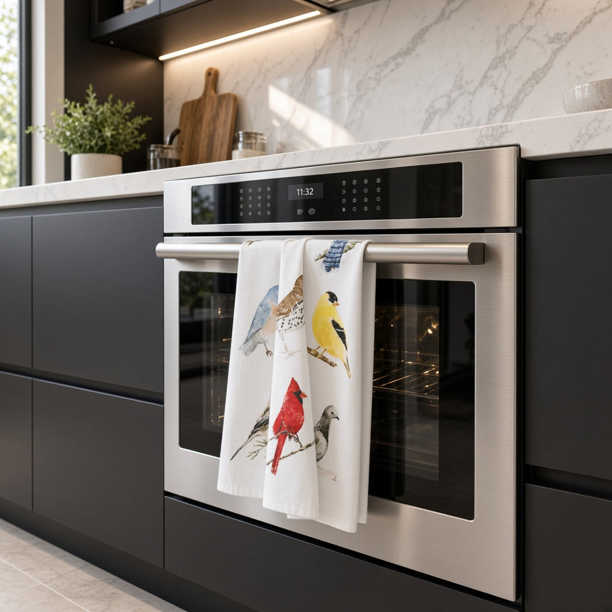 White cotton flour sack tea towel with colorful bird illustrations hanging from stainless steel oven handle