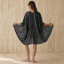 Black tribal print kimono cover-up with black and white striped geometric patterns in breezy rayon drape
