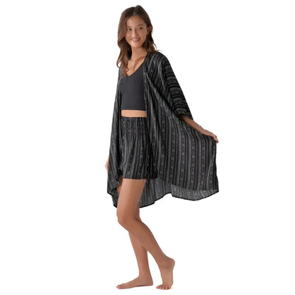 Black tribal print kimono cover-up with black and white striped intricate geometric tribal print patterns