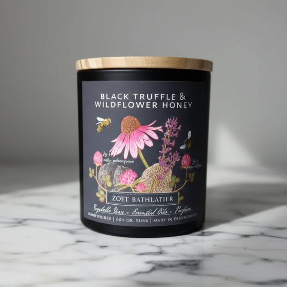 Handcrafted black truffle wildflower honey mushroom candle with pink flowers bees label
