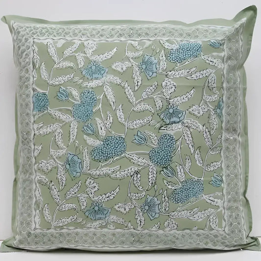 Sage green and turquoise block printed 18 inch by 18 inch pillow cover with insert.