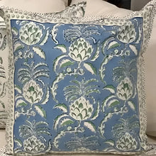Blue, green, and cream block printed design on an 18 inch by 18 inch cover, includes insert.