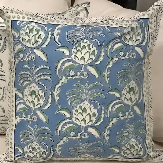 Blue, green, and cream block printed design on an 18 inch by 18 inch cover, includes insert.