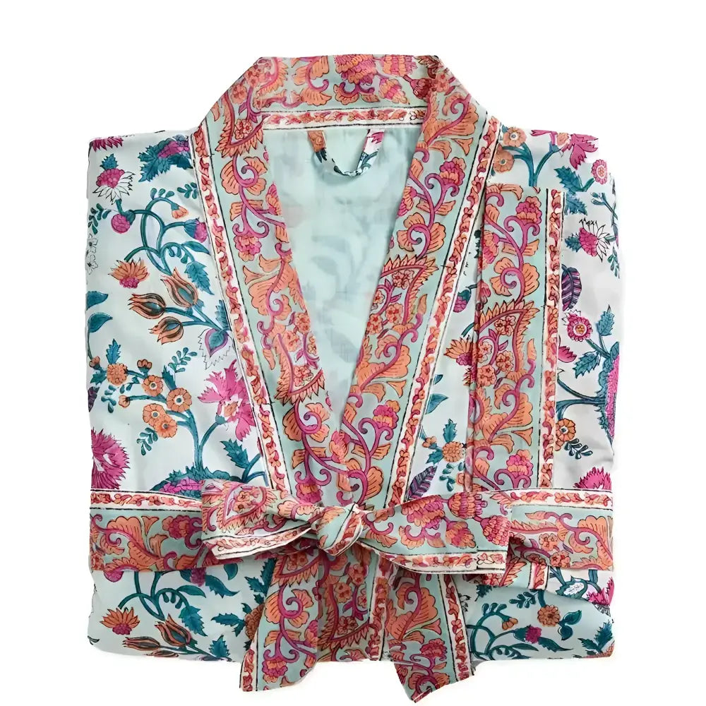 Block Print Short 100% Cotton Robe - Luxury Robes