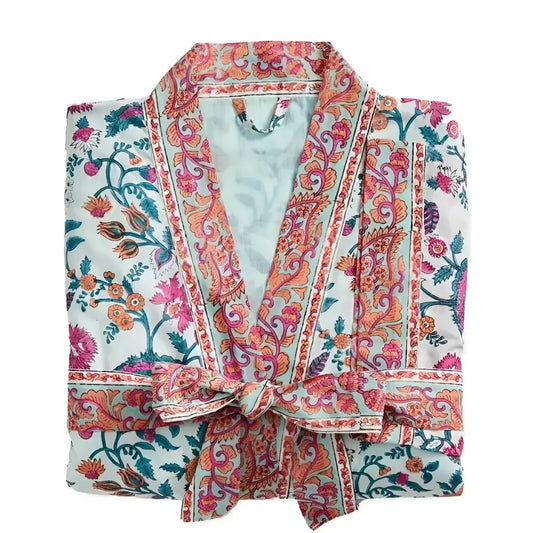 Block Print Short 100% Cotton Robe - Luxury Robes