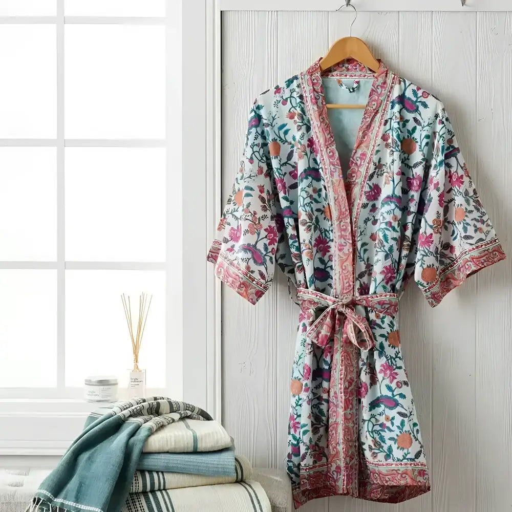 Block Print Short 100% Cotton Robe - Luxury Robes