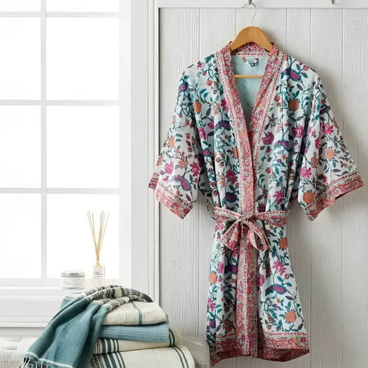 Block Print Short 100% Cotton Robe - Luxury Robes