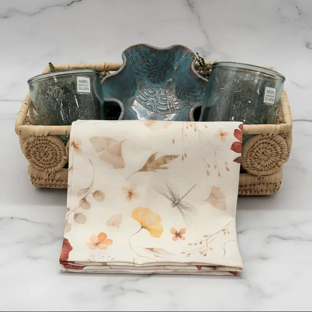 Blossom Nest set with recycled glass tumblers, blossom bowl in rattan basket