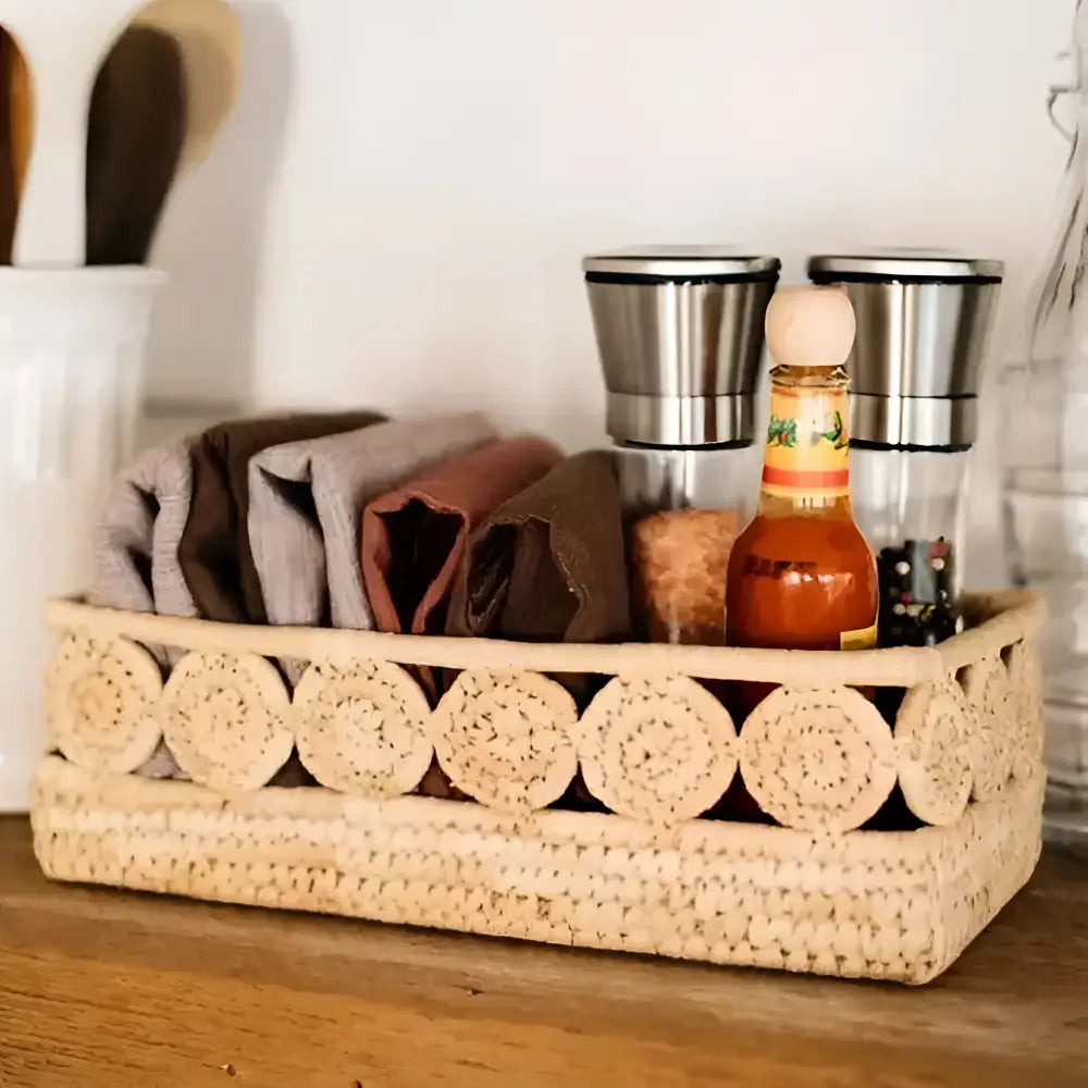Blossom Nest beige rattan palm medallion basket with blossom bowl