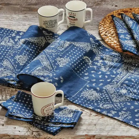 Blue bandana table runner with lively pattern for a fun, stylish look