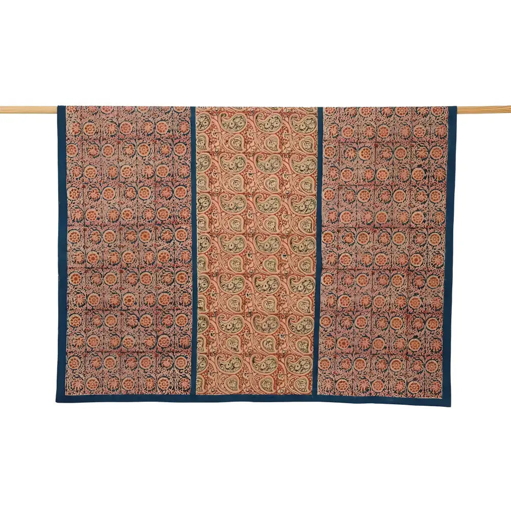 Reversible compass paisley print tablecloth with floral motifs and dark blue border